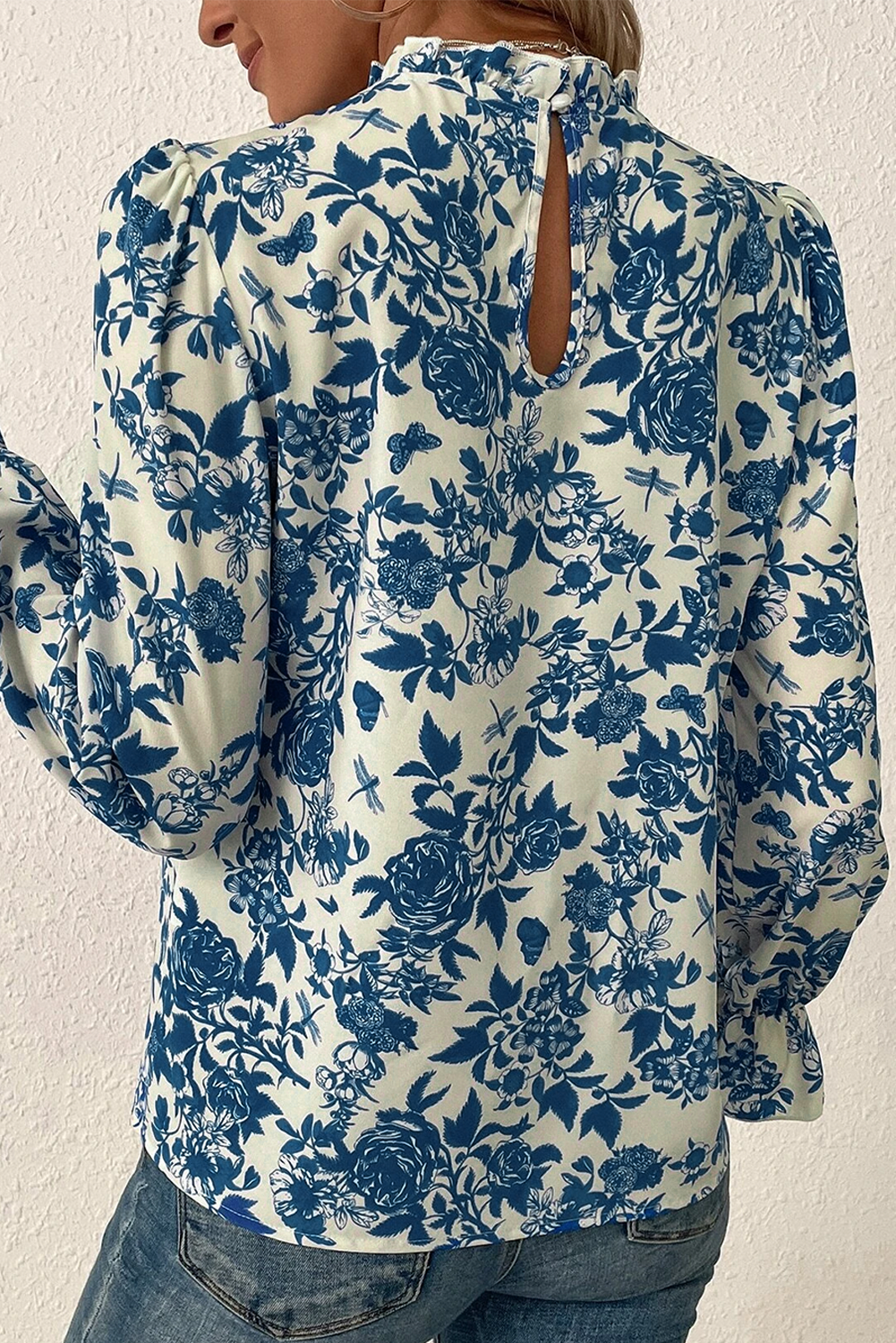 Sky Blue Floral Print Flounce Sleeve Blouse