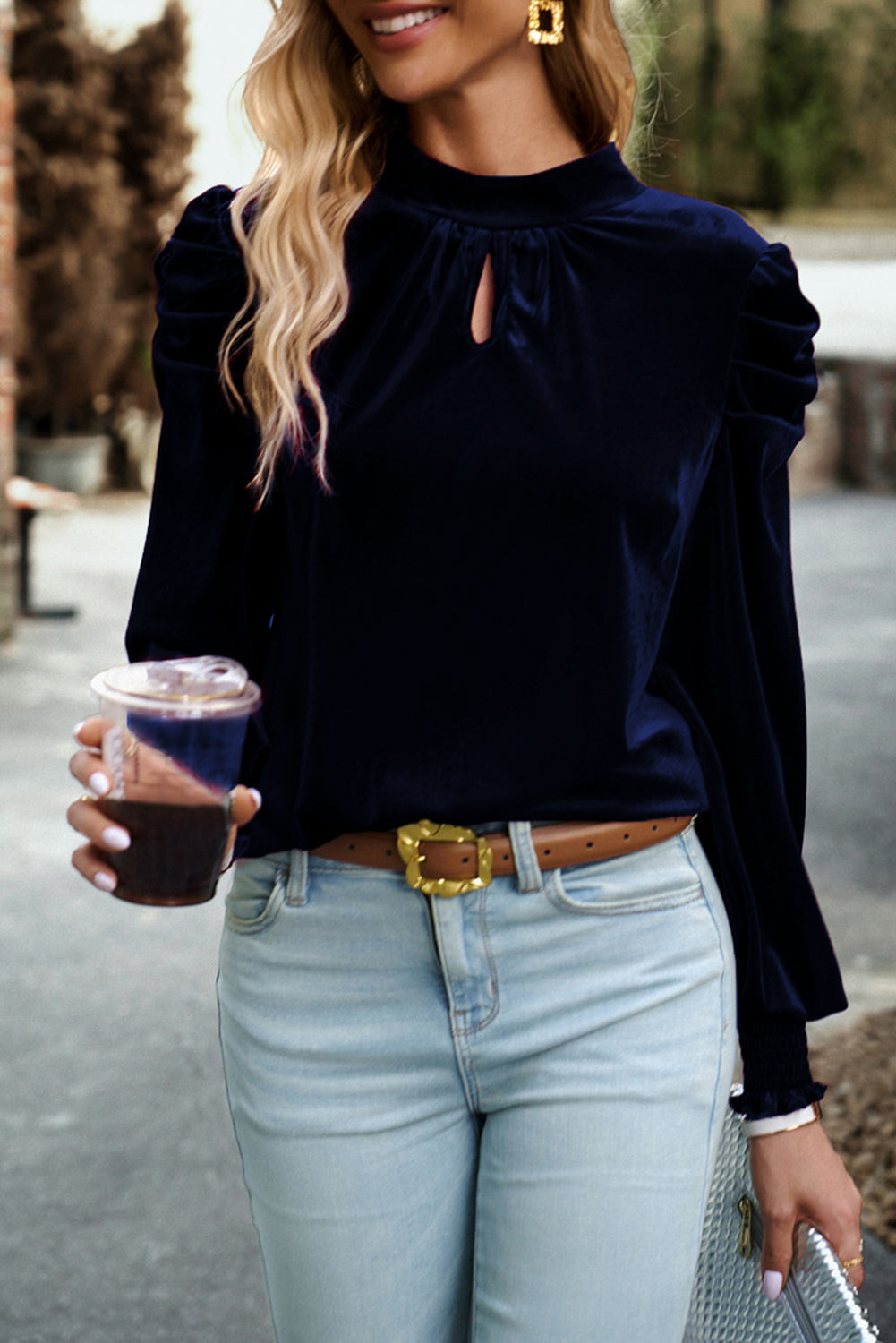 Mock Neck Puff Sleeve Velvet Blouse