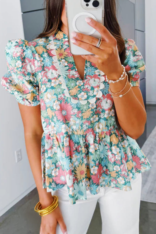 Puff Short Sleeve Floral Blouse