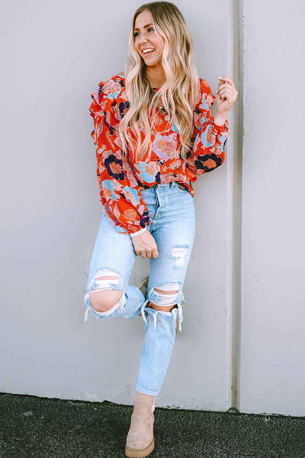 Playful Floral Print Ruffle Puff Sleeve Blouse