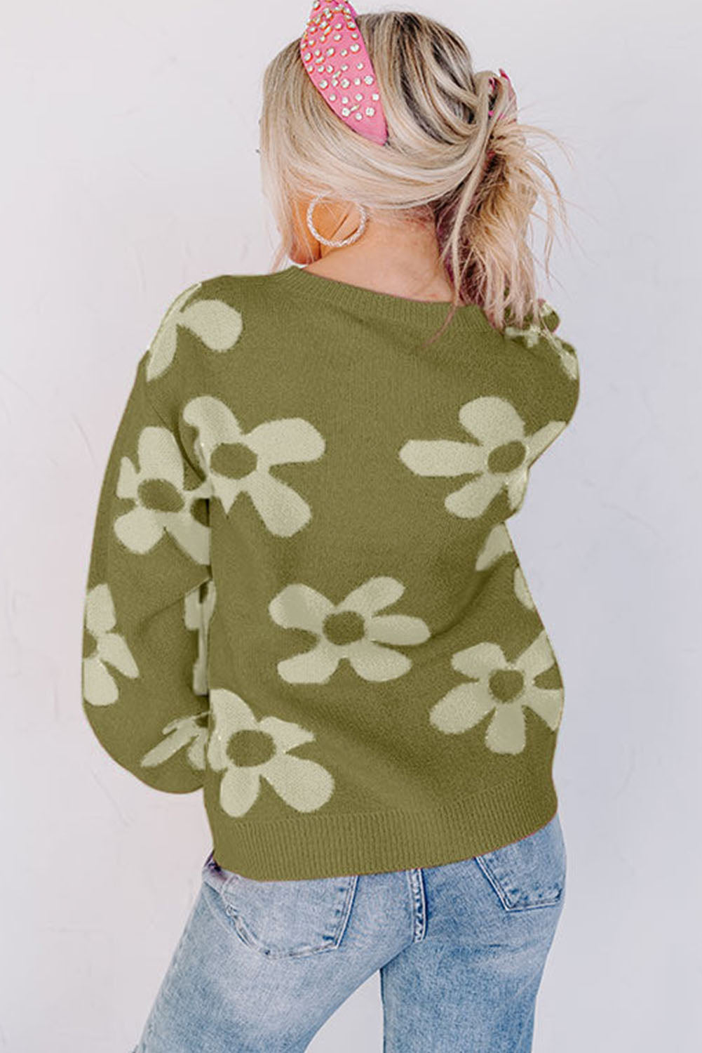 Big Flower Knit Ribbed Trim Sweater