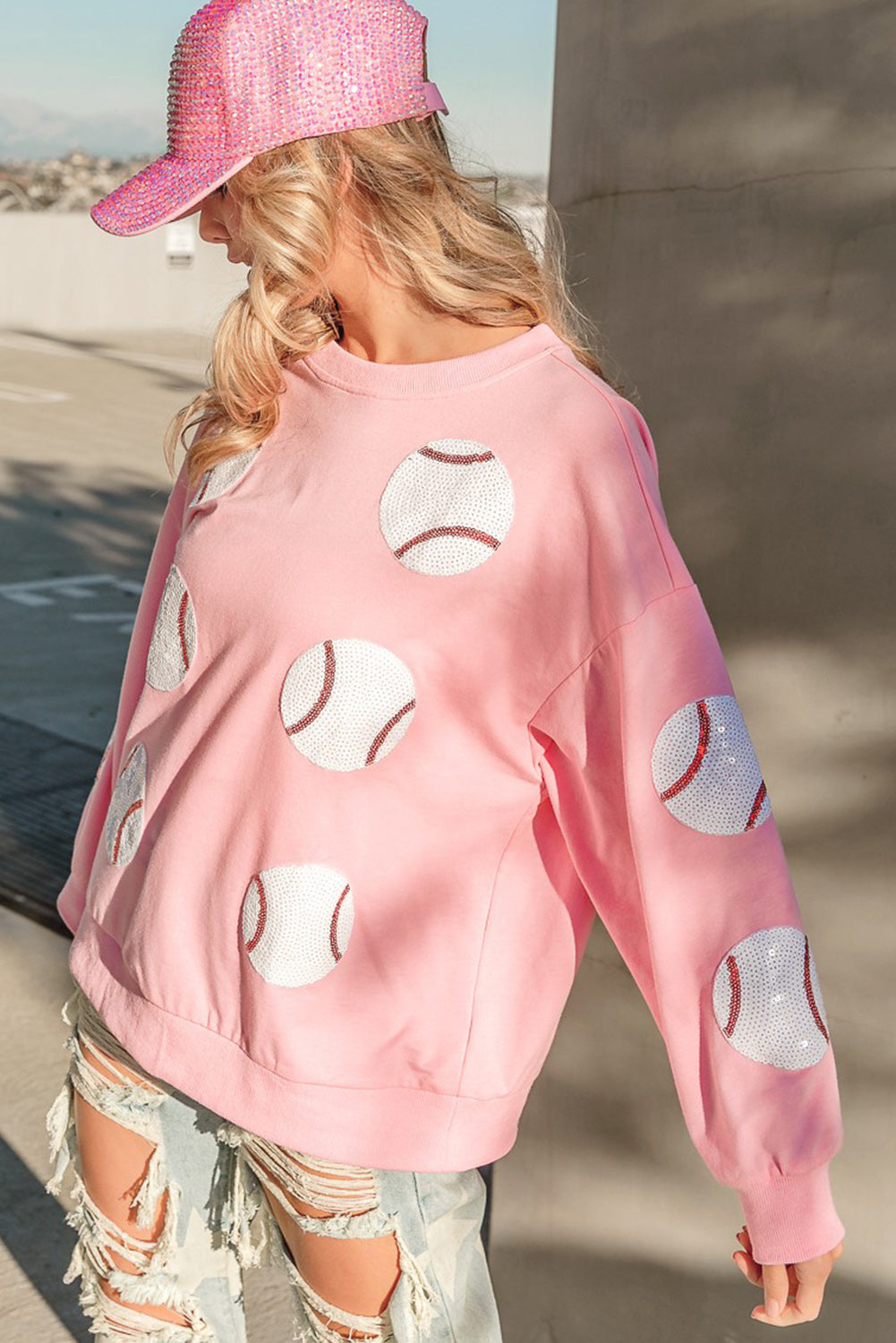 Pink Sequin Baseball Patched Pullover Sweatshirt