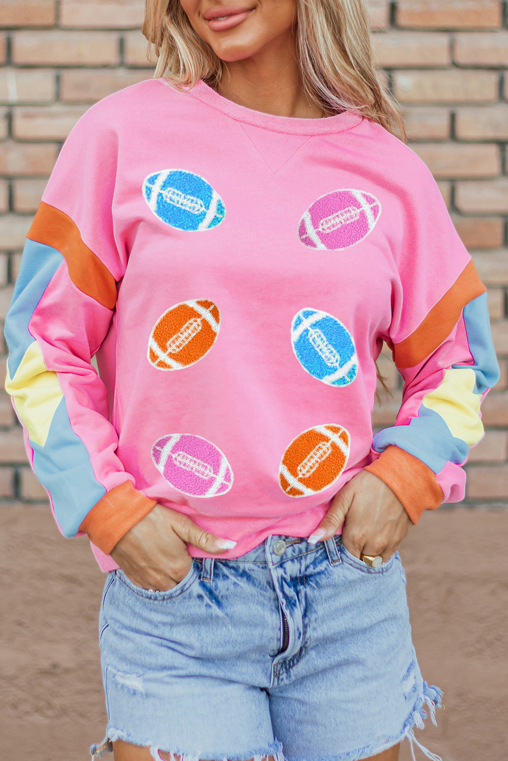 Pink Football Patchwork Color Block T Shirt