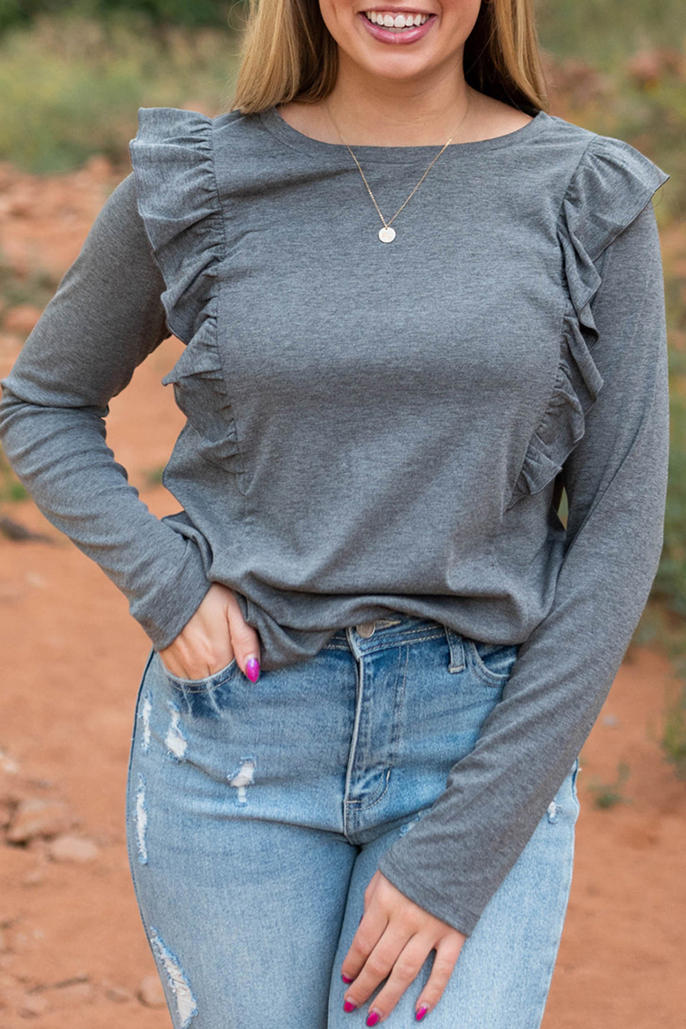 Grey Solid Color Ruffled Crew Neck Long Sleeve Top