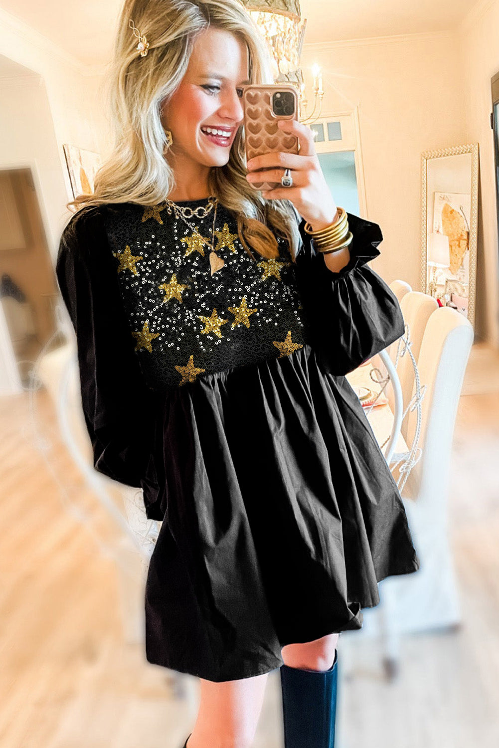 Sequined Stars Flounce Sleeve Ruffled Babydoll Dress