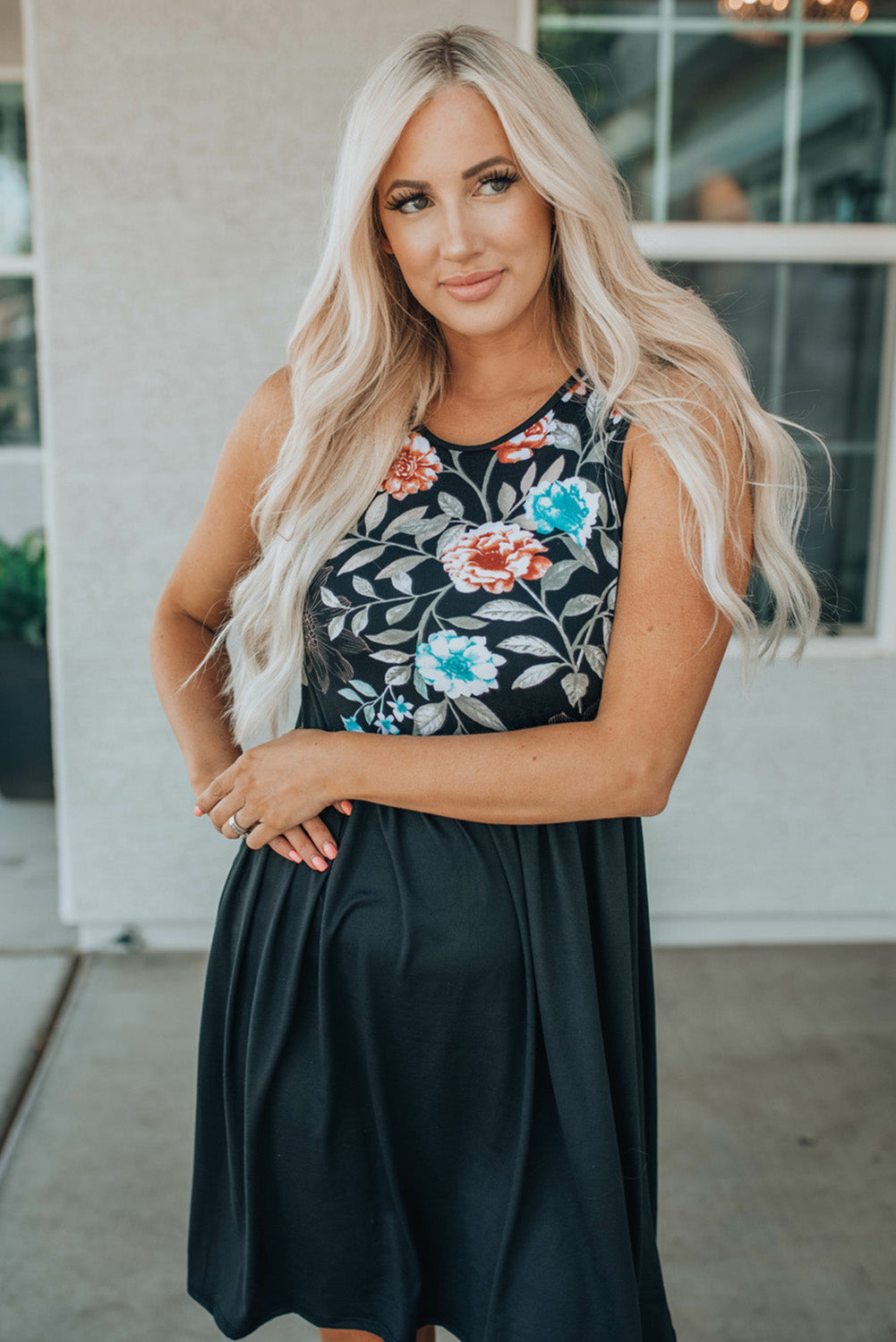 Black Floral Top Sleeveless Dress