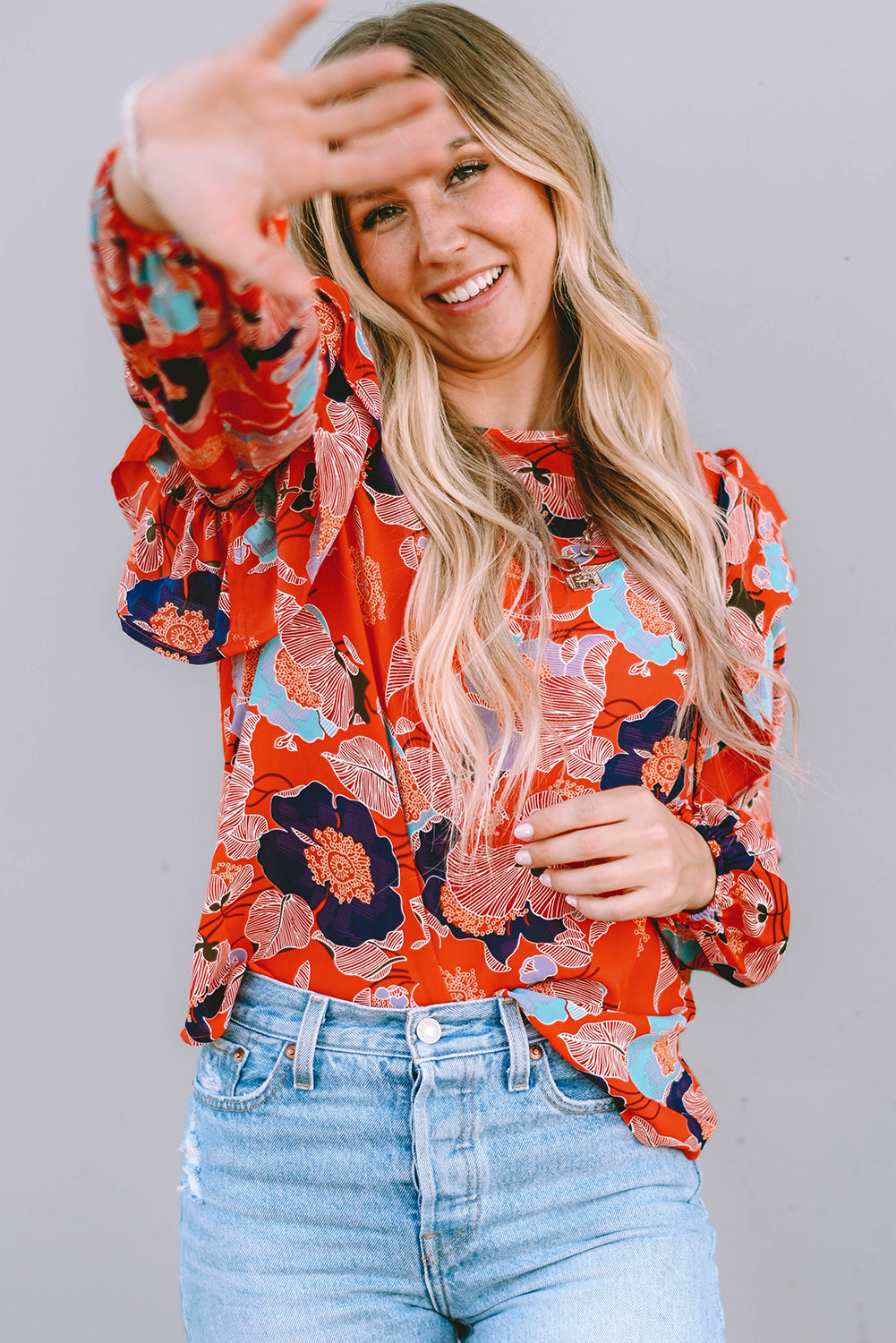 Playful Floral Print Ruffle Puff Sleeve Blouse