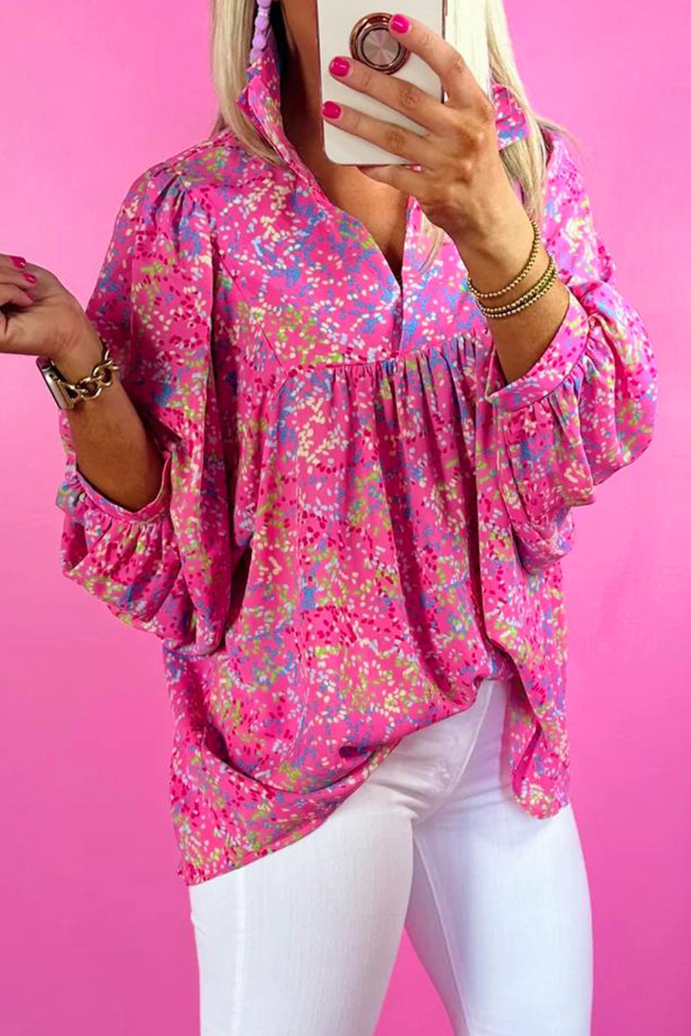 Pink Abstract Print Collared V Neck Blouse