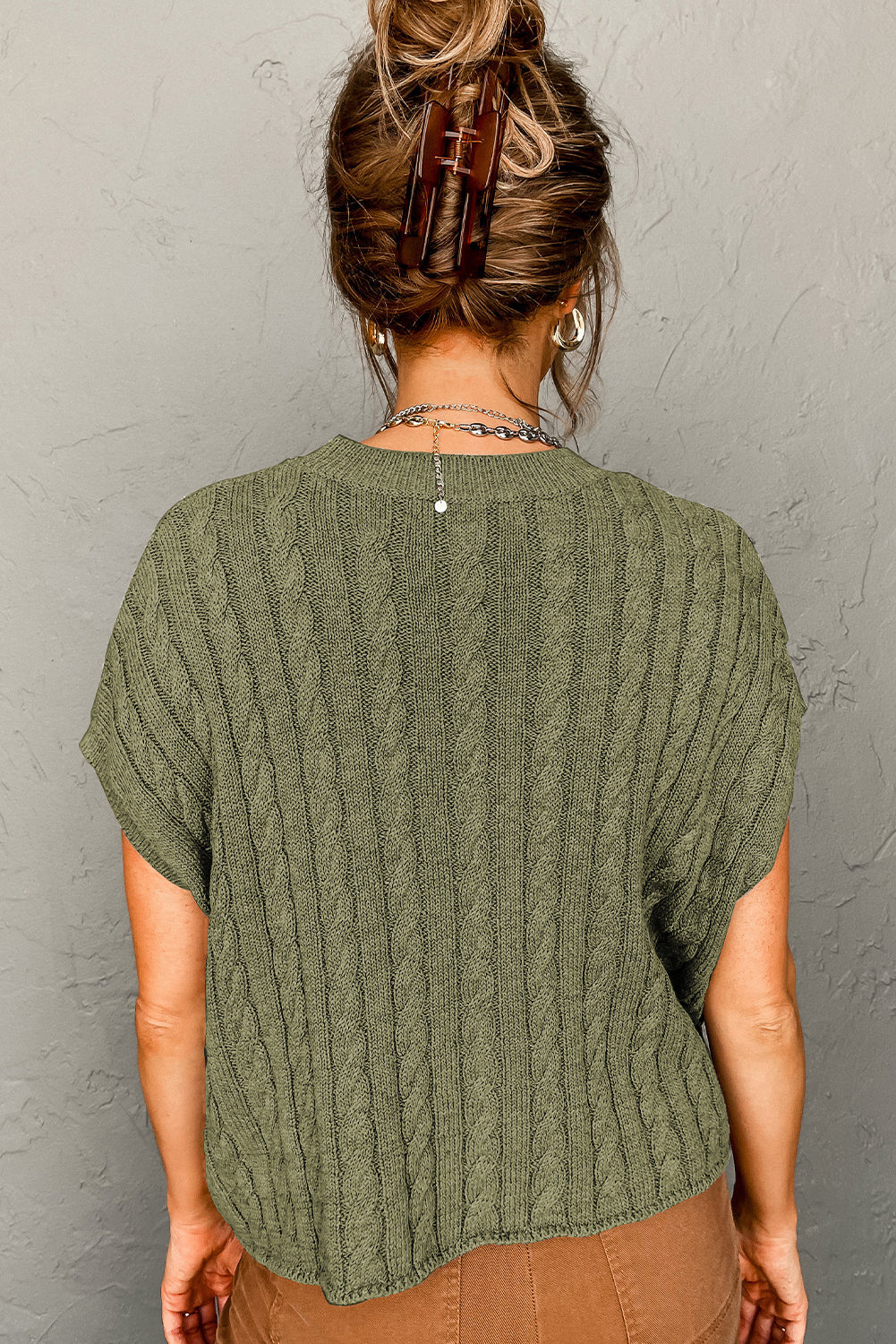 Chestnut Crew Neck Cable Knit Short Sleeve Sweater