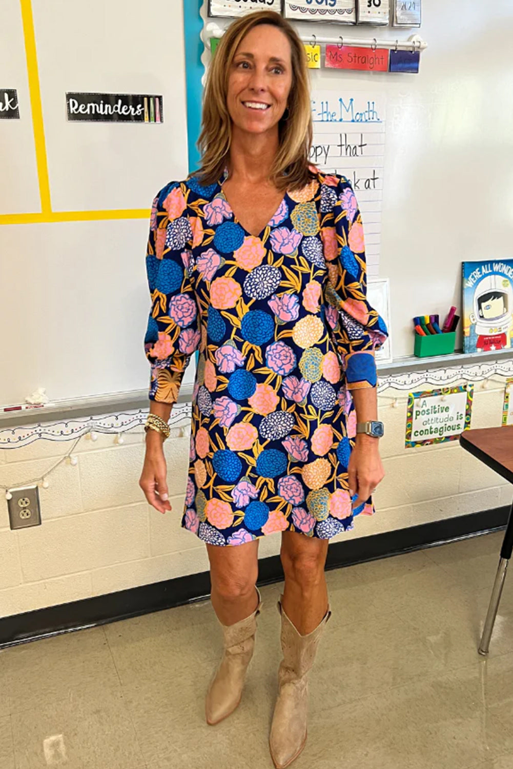 Navy Blue Hydrangea Floral Print Shift Dress