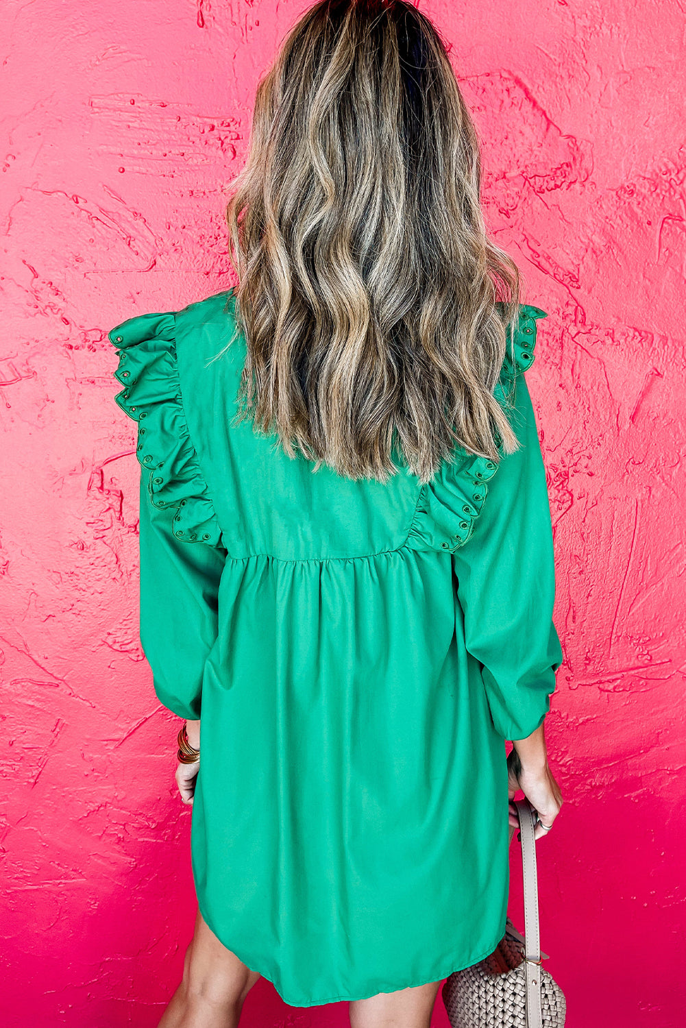 Bright Green Embroidered 3/4 Sleeve V Neck Mini Dress