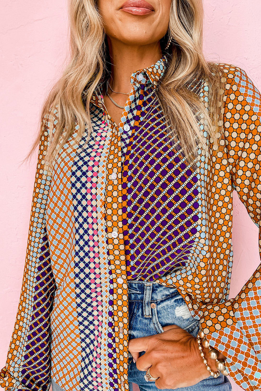 Dot Print Long Sleeve Button Down Shift Shirt