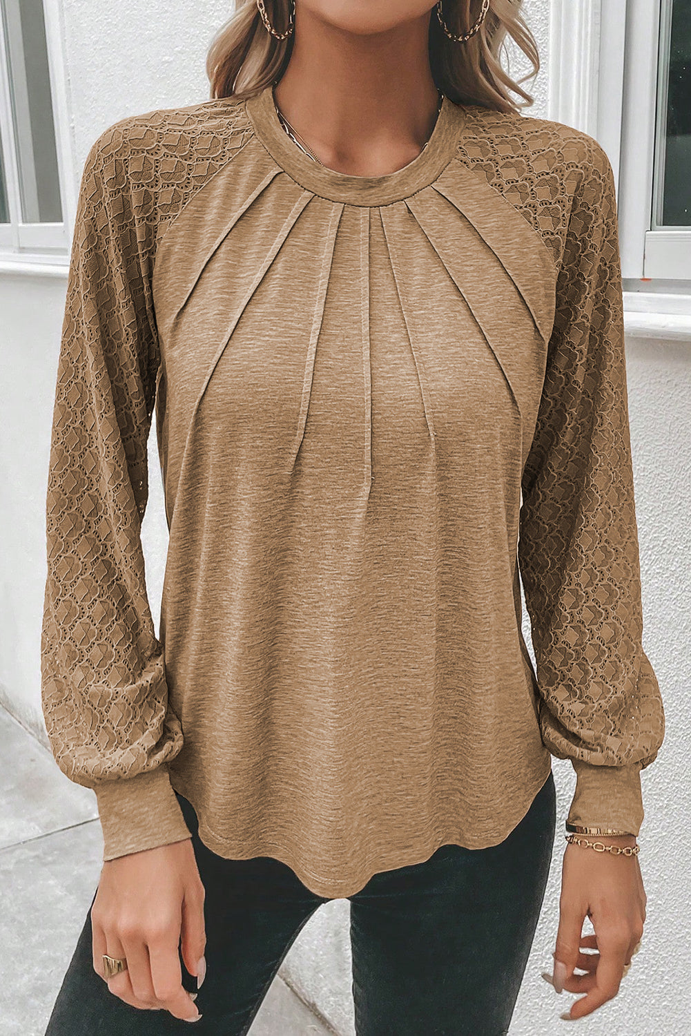 Lace Raglan Sleeve Plicate Round Neck Top