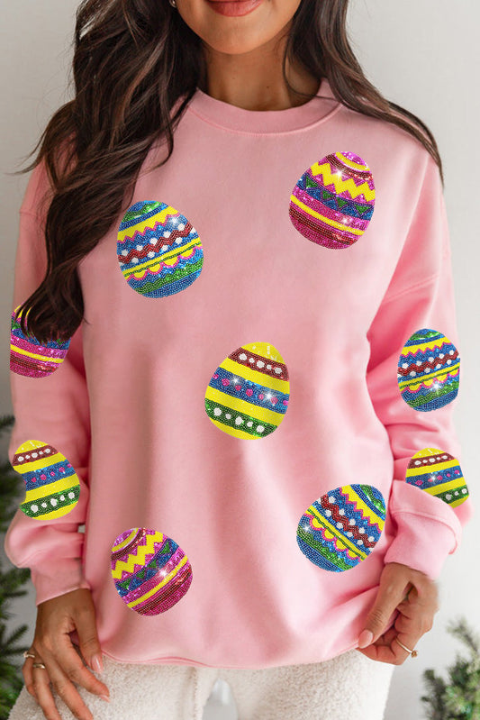 Pink Easter Egg Sequin Patched Crew Neck Sweatshirt