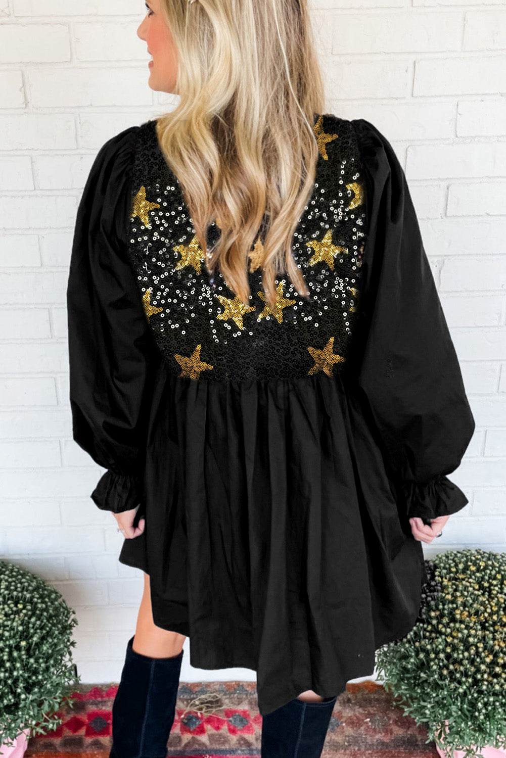 Sequined Stars Flounce Sleeve Ruffled Babydoll Dress