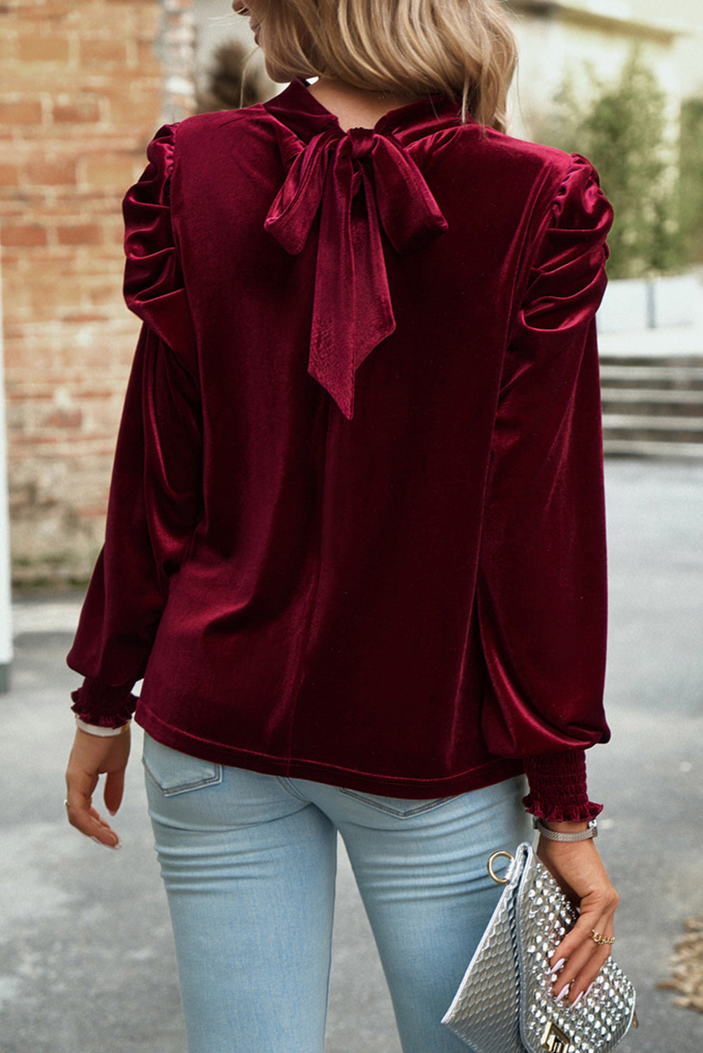 Mock Neck Puff Sleeve Velvet Blouse