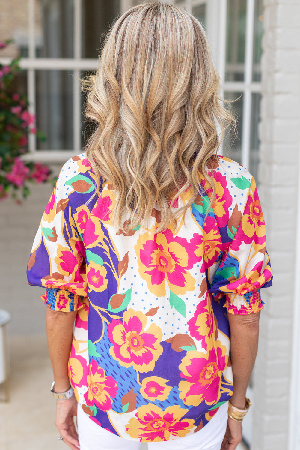 Floral Split Neck Frilled Bubble Sleeve Blouse