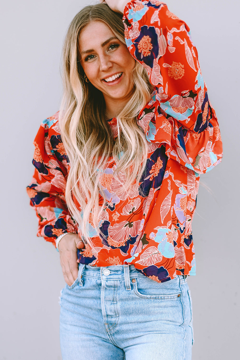 Playful Floral Print Ruffle Puff Sleeve Blouse