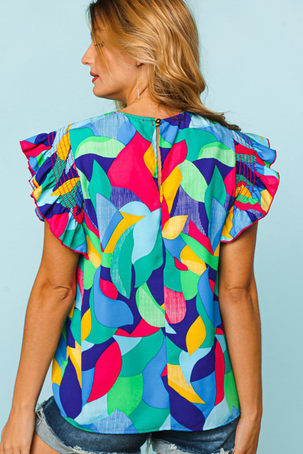 Multicolor Abstract Print Stitching Ruffle Sleeve Blouse