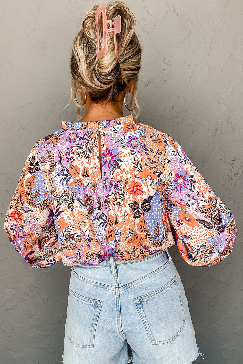 Floral Bishop Sleeve Frilled Round Neck Blouse