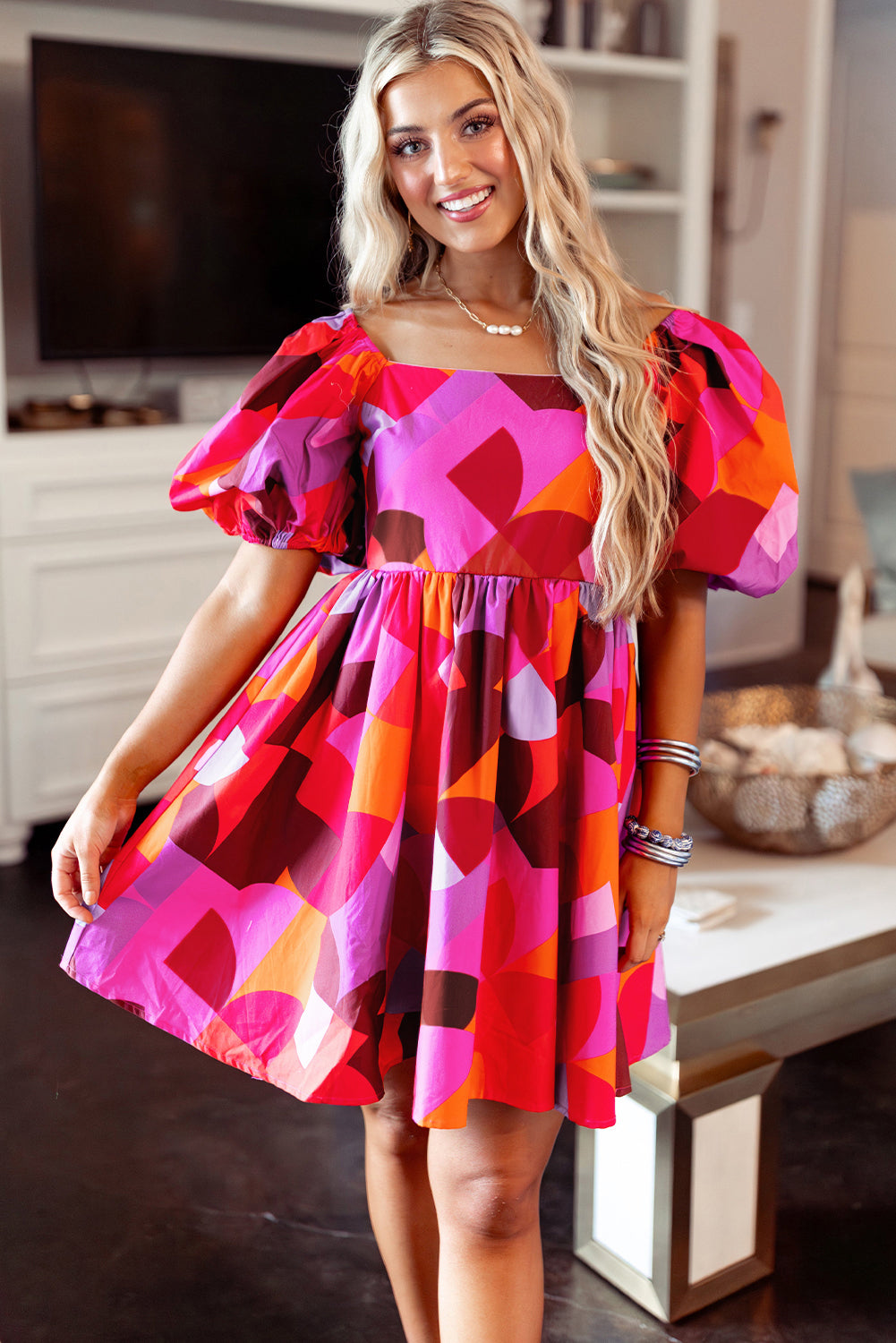 Abstract Print Square Neck Puff Sleeve Dress