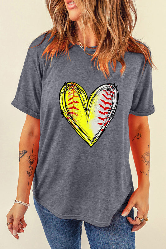 Gray Baseball Heart Shape Print Crew Neck T Shirt