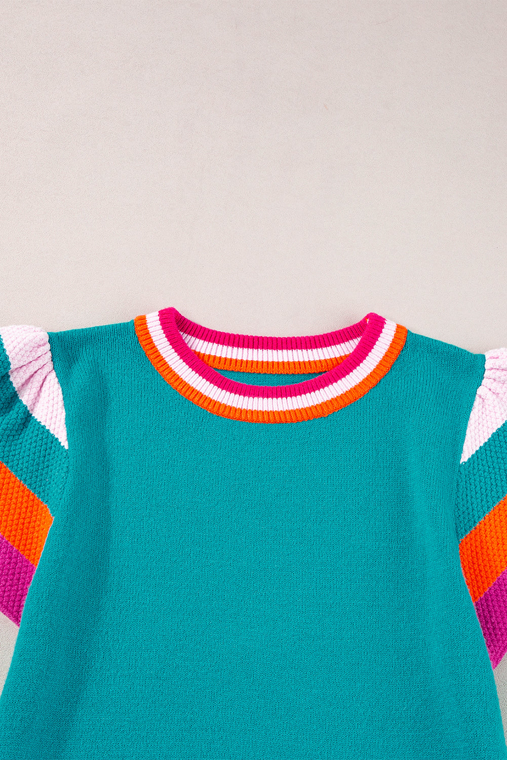 Bright Pink Contrast Flutter Sleeves Knitted Sweater T Shirt