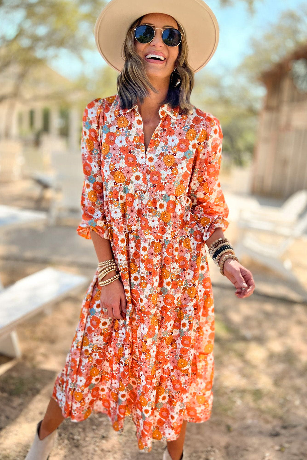 Boho Floral Collared Long Sleeve Ruffled Dress