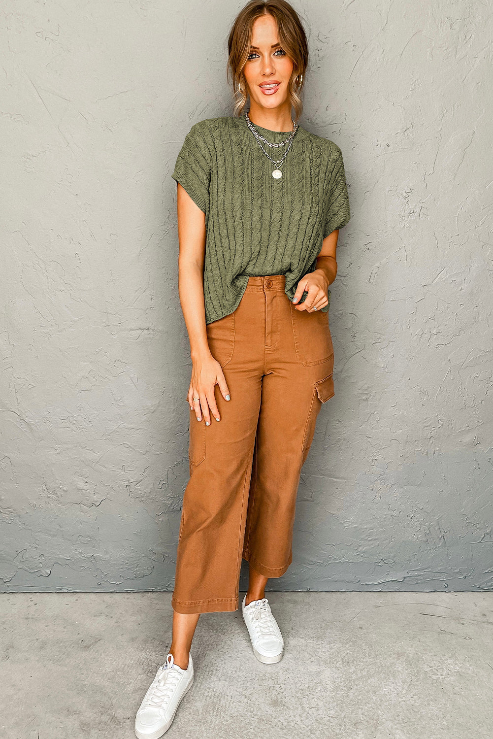 Chestnut Crew Neck Cable Knit Short Sleeve Sweater