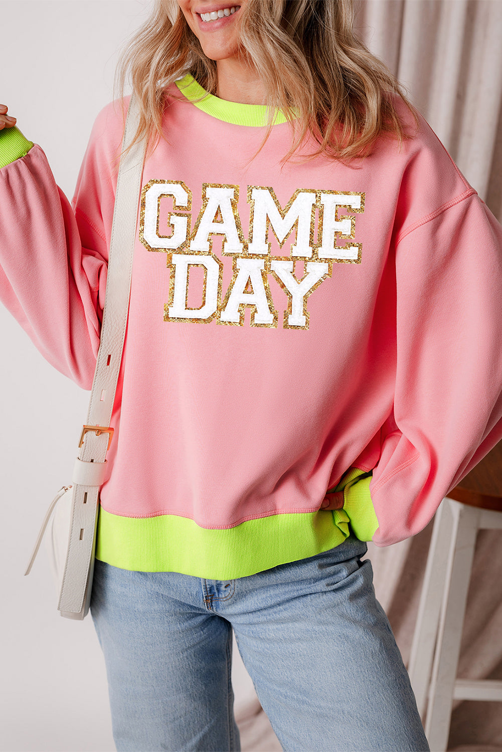 Pink Game Day Glitter Color Block Sweatshirt