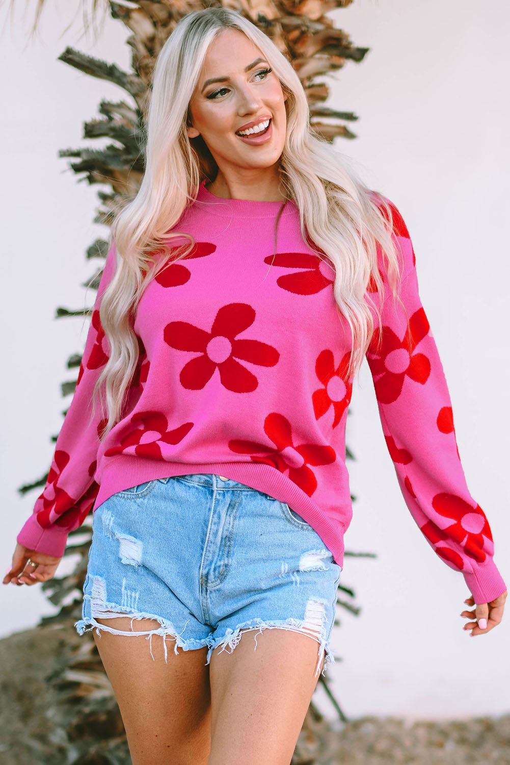 Big Flower Knit Ribbed Trim Sweater