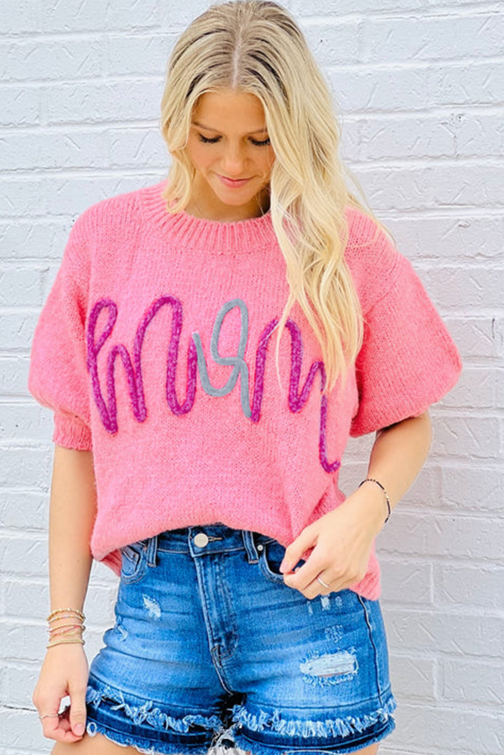 Mom Tinsel Front Short Sleeve Sweater