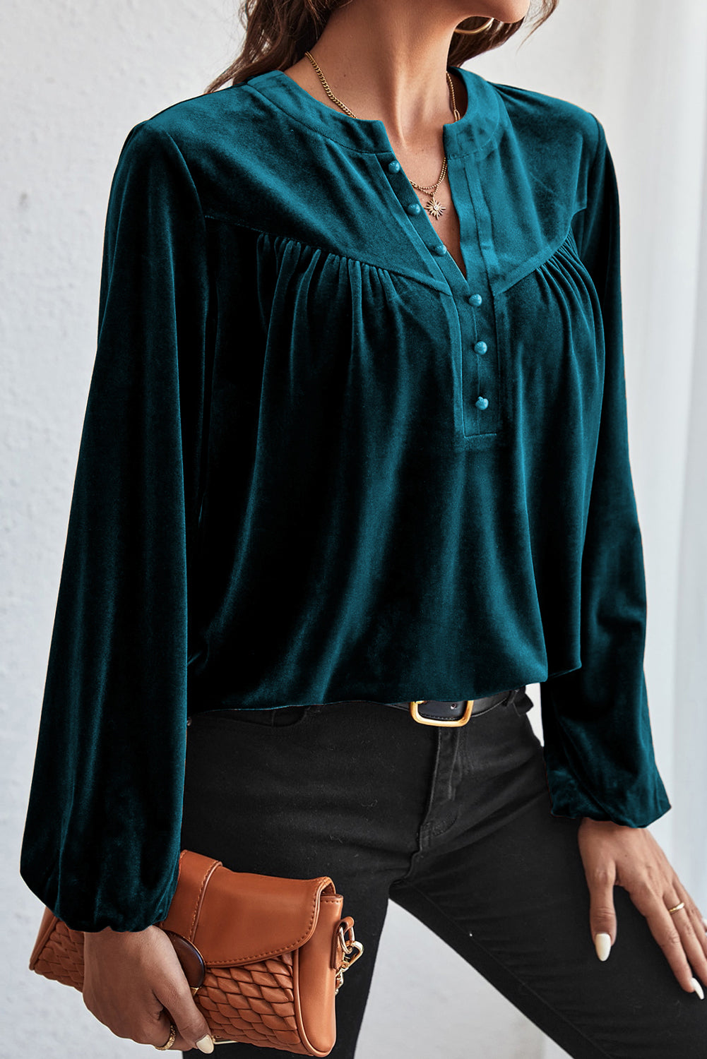 Lantern Sleeve Beaded Split V Neck Velvet Top