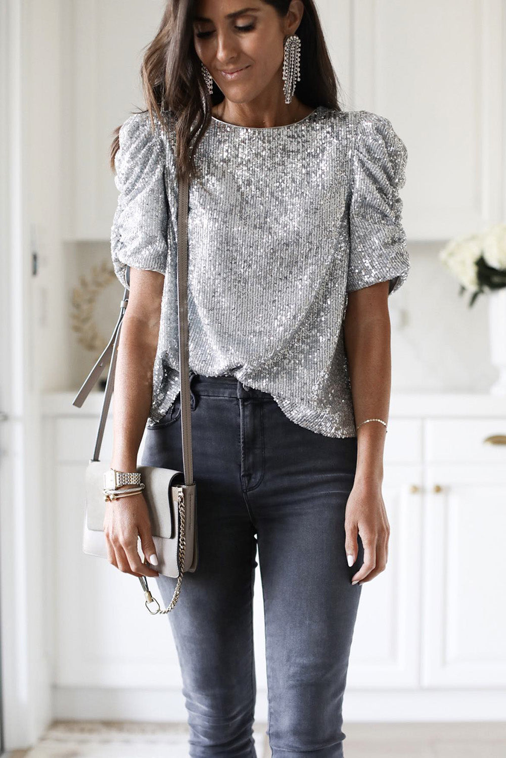 Silver Ruched Puff Sleeve Sequin Top