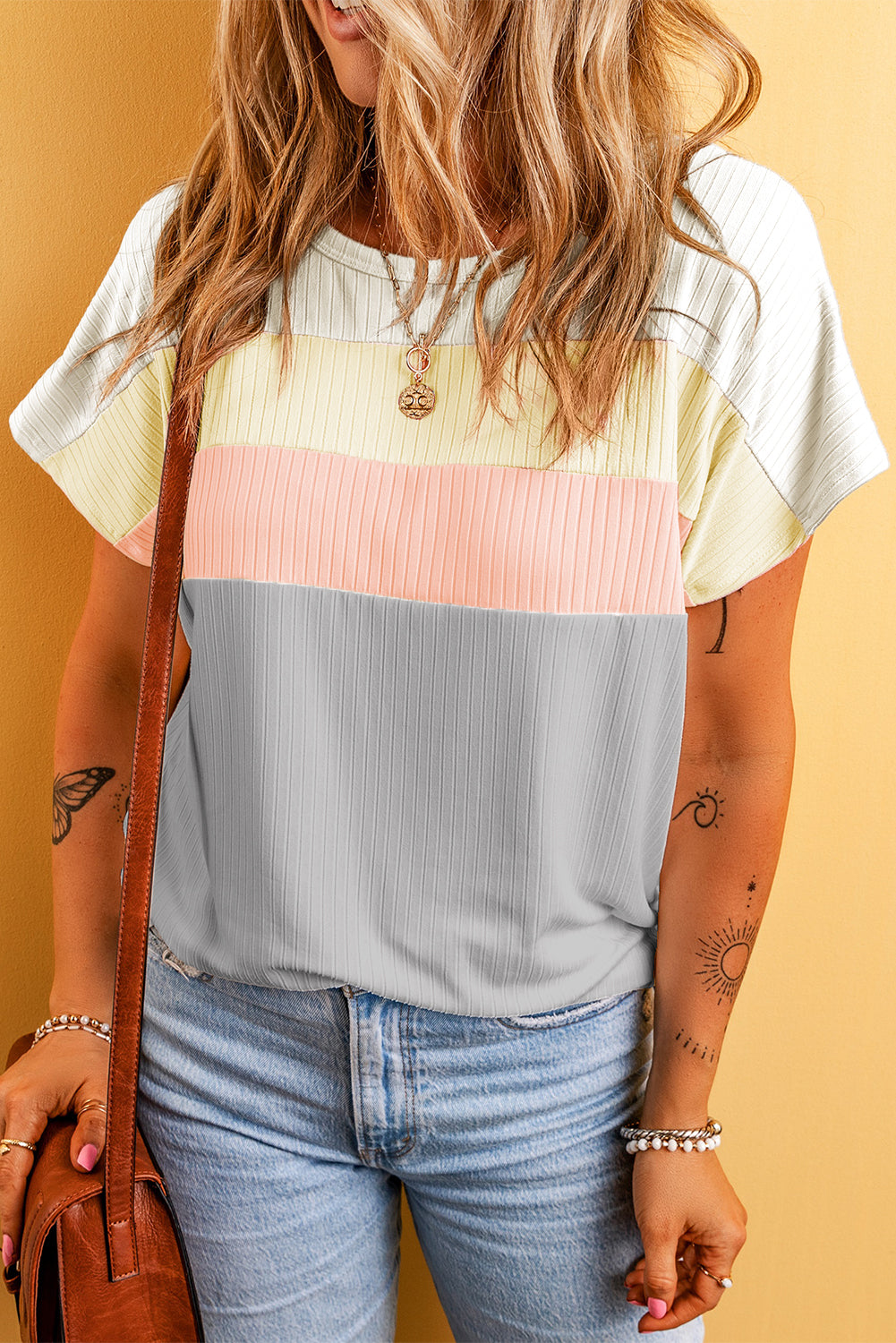 Ribbed Color Block Patchwork T-shirt