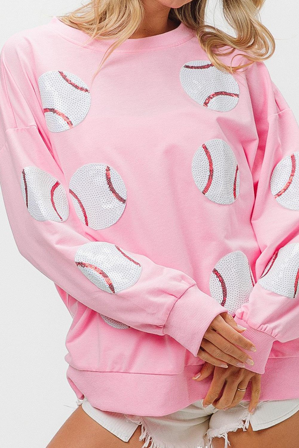 Pink Sequin Baseball Patched Pullover Sweatshirt