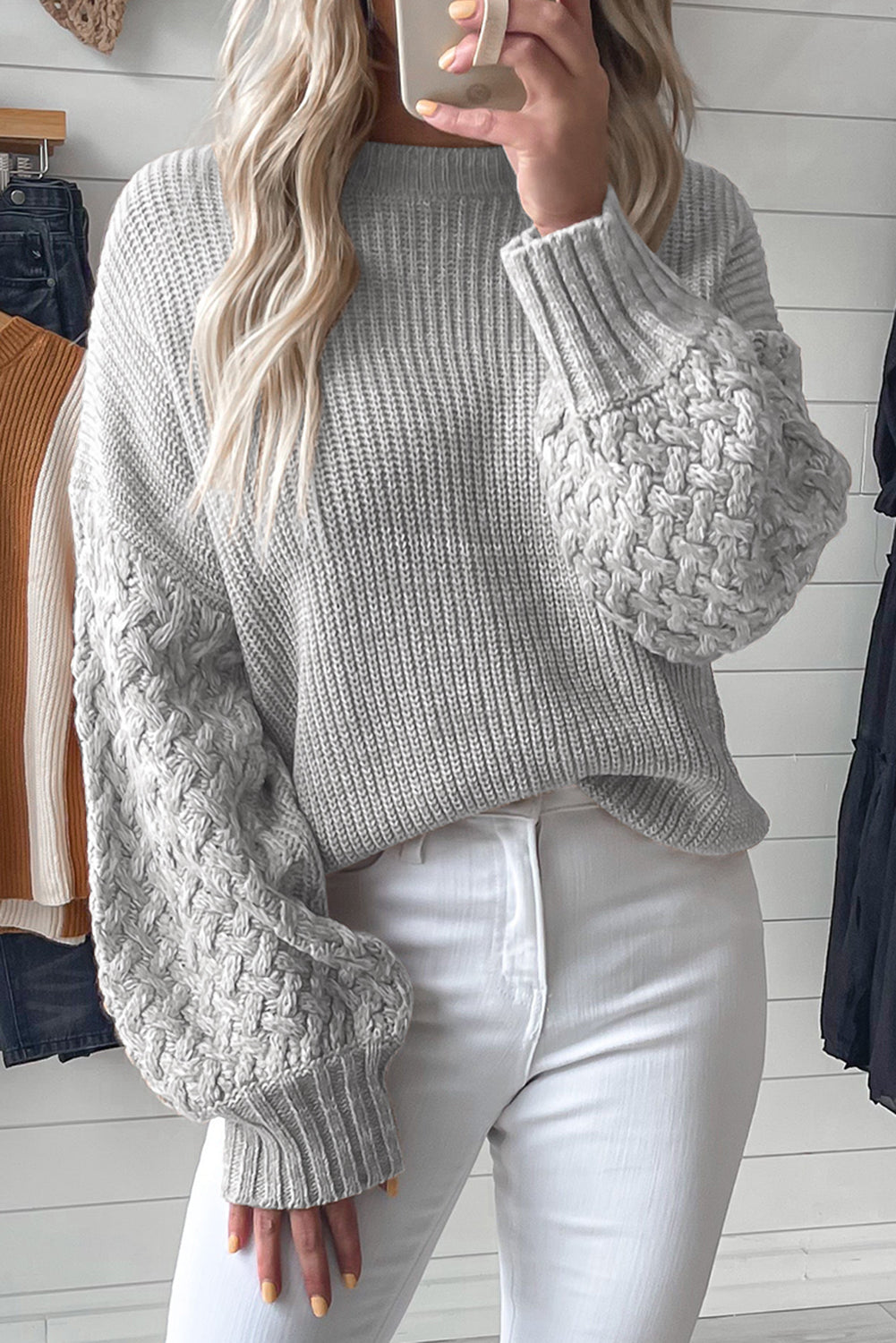 Cable Knit Sleeve Drop Shoulder Sweater