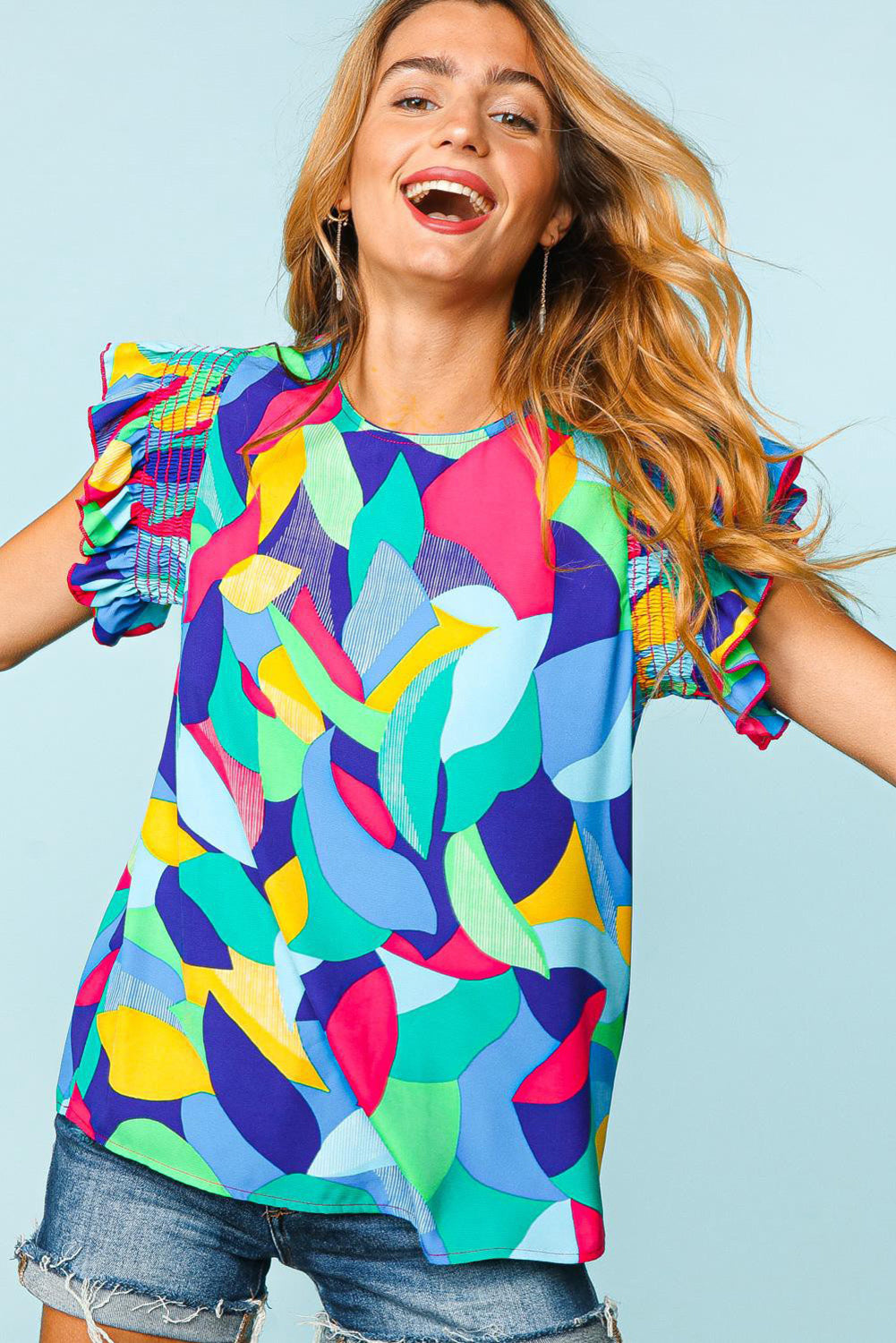 Multicolor Abstract Print Stitching Ruffle Sleeve Blouse