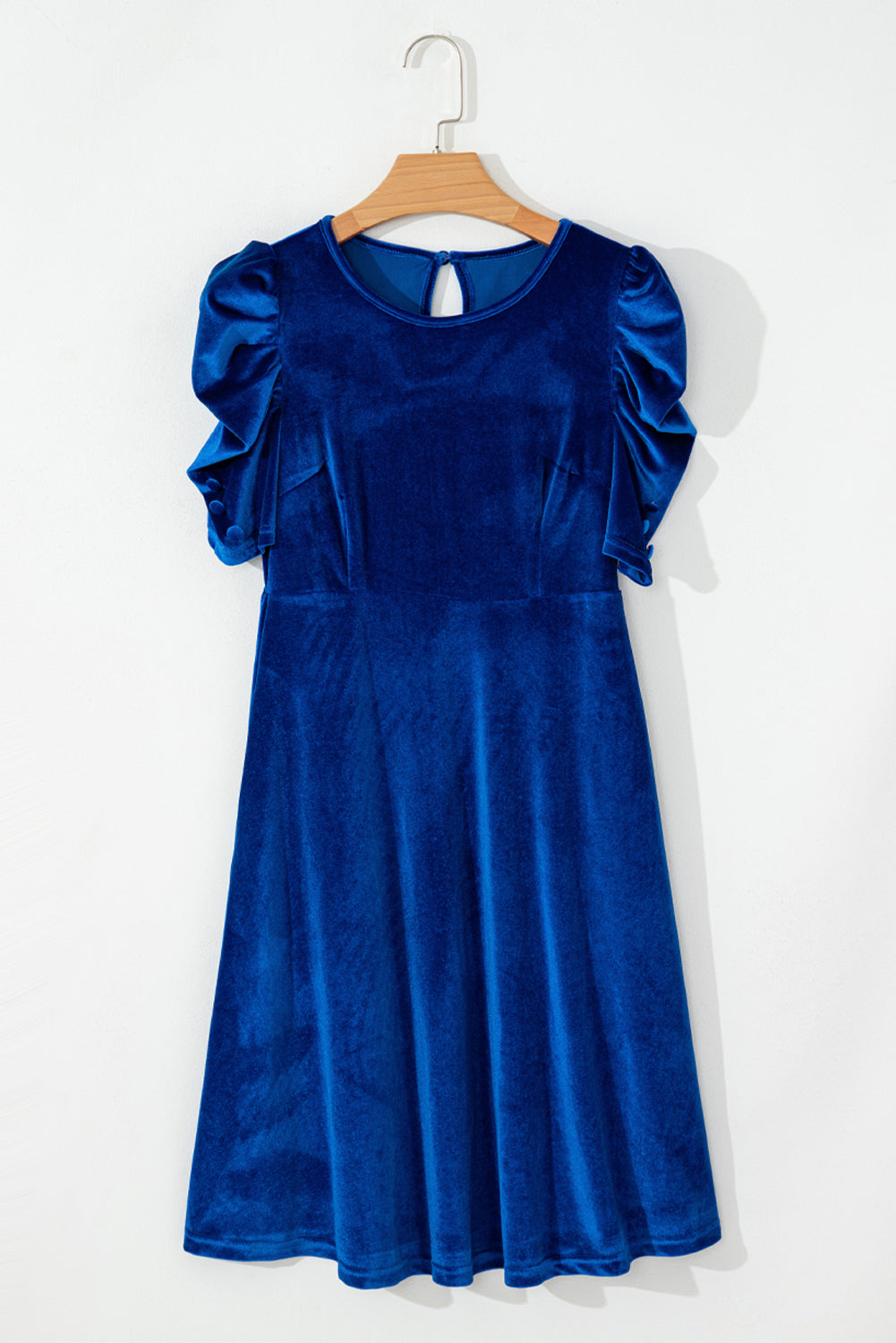 Blue Velvet Ruched Short Sleeve Pocketed Mini Dress