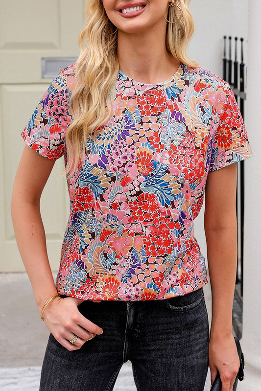 Red Short Sleeve Slim Fit Floral T Shirt