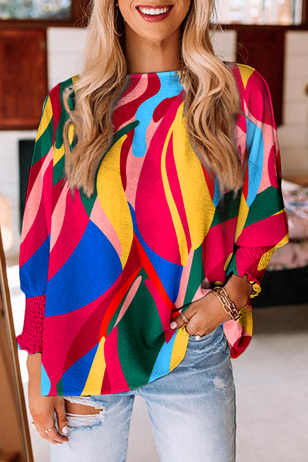 Make Waves Abstract Print Smocked Puff Sleeve Blouse