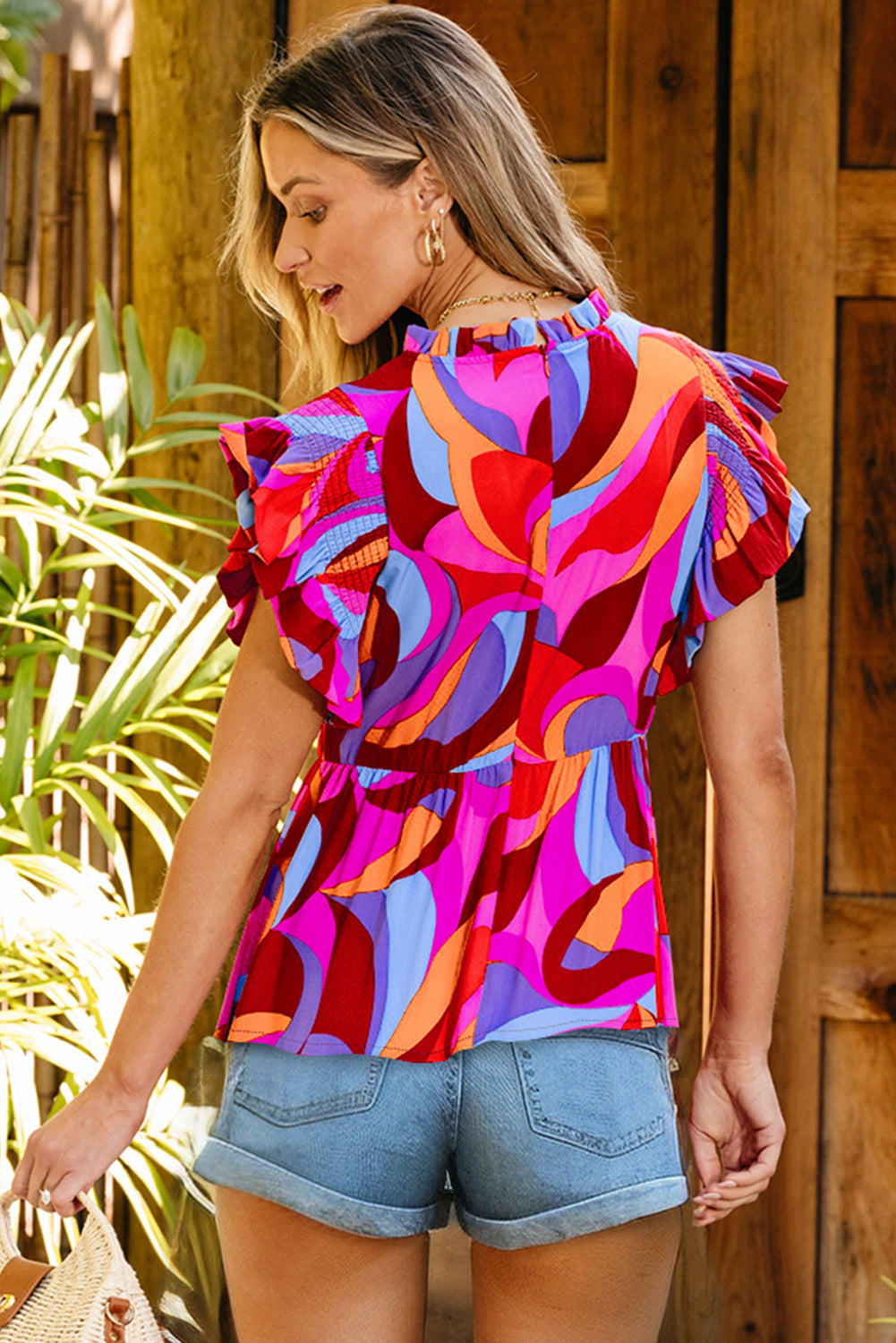 Abstract Print Flutter Sleeve Peplum Blouse