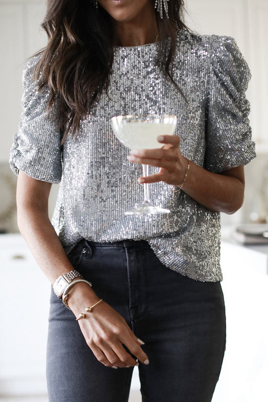 Silver Ruched Puff Sleeve Sequin Top