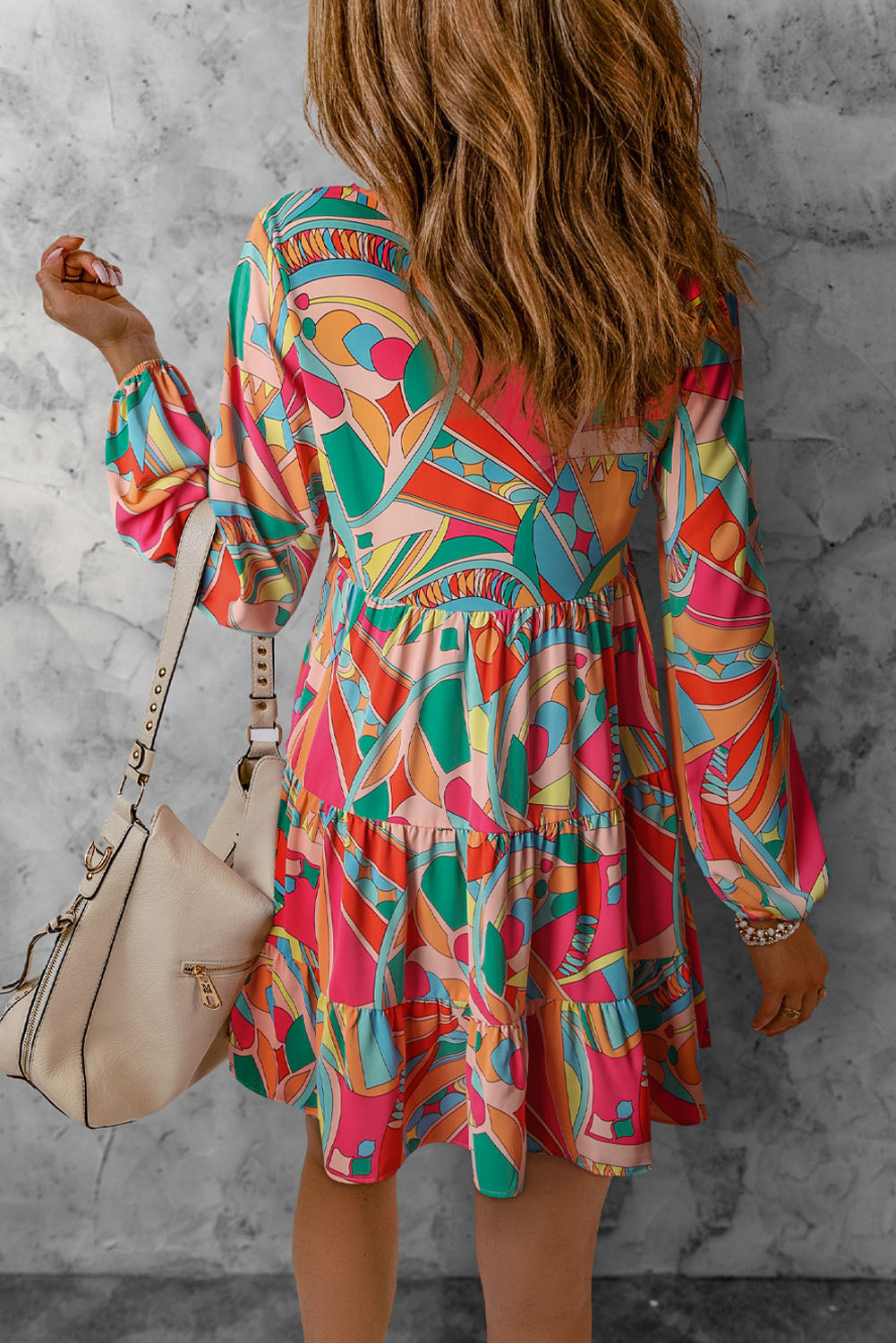 Geometric Print Split Neck Ruffle Tiered Mini Dress