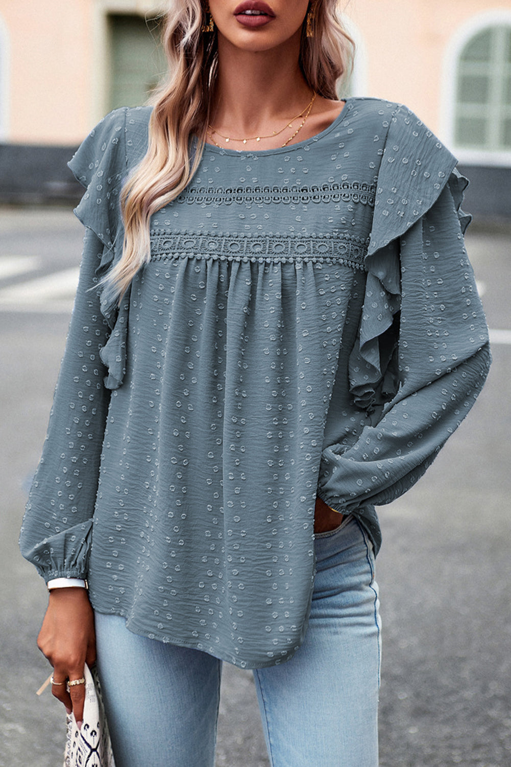 Lace Eyelet Ruffle Long Sleeve Blouse