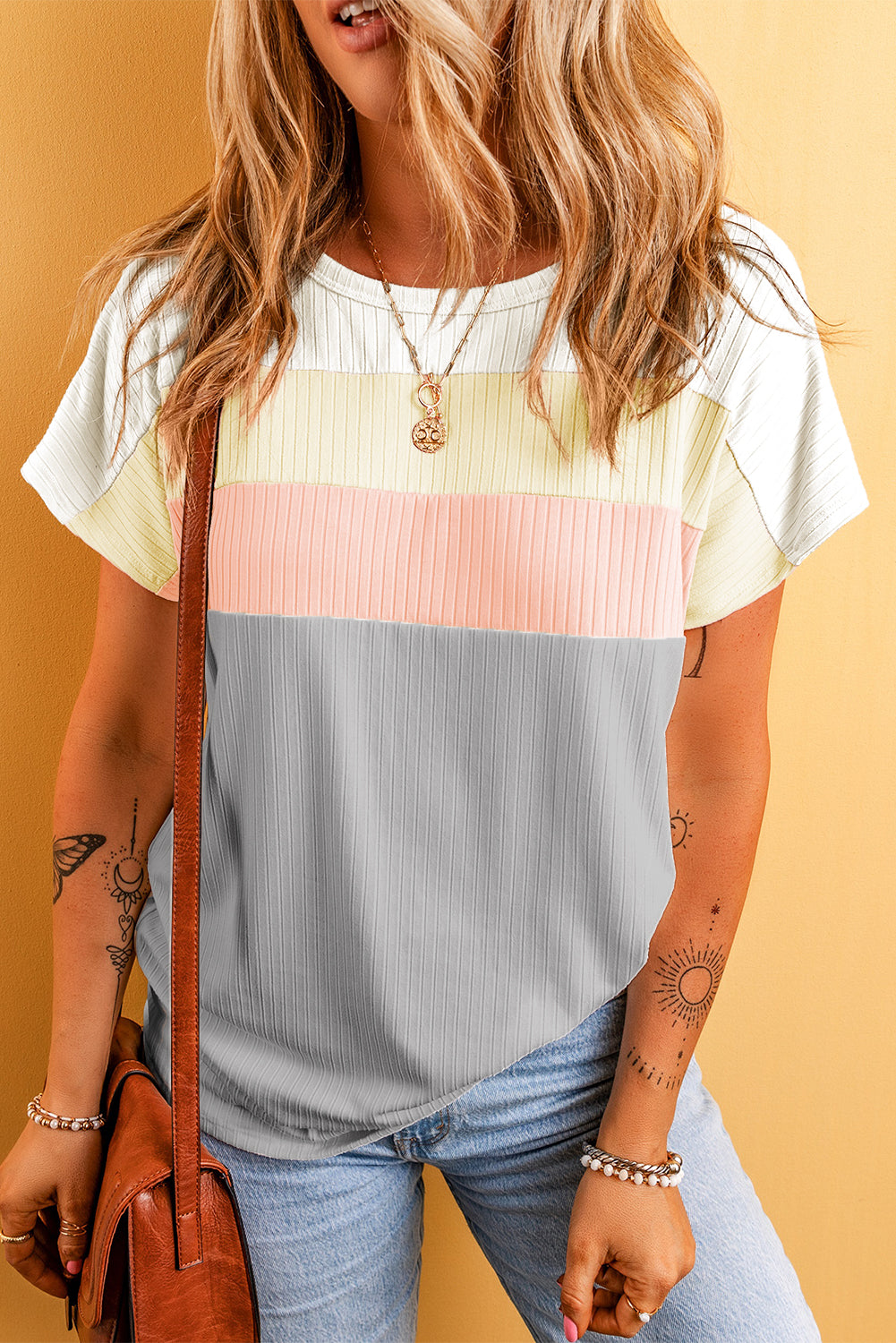 Ribbed Color Block Patchwork T-shirt