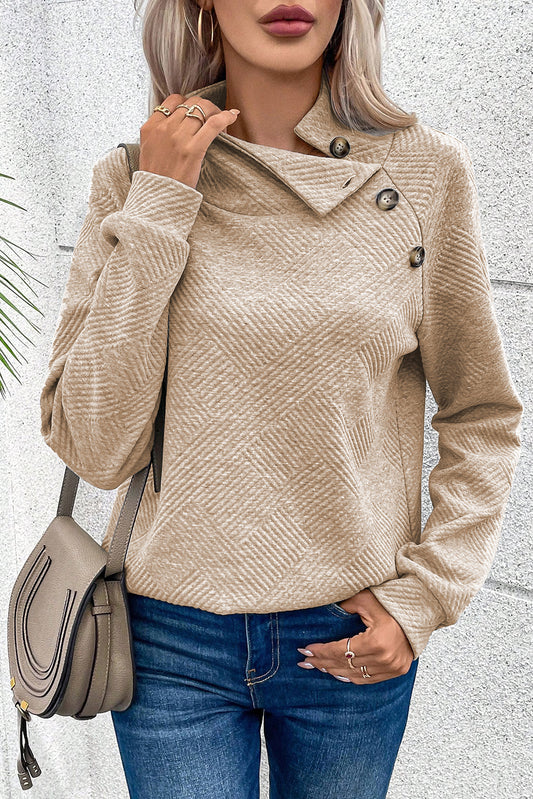 Asymmetric Buttons Detail High Neck Textured Sweatshirt