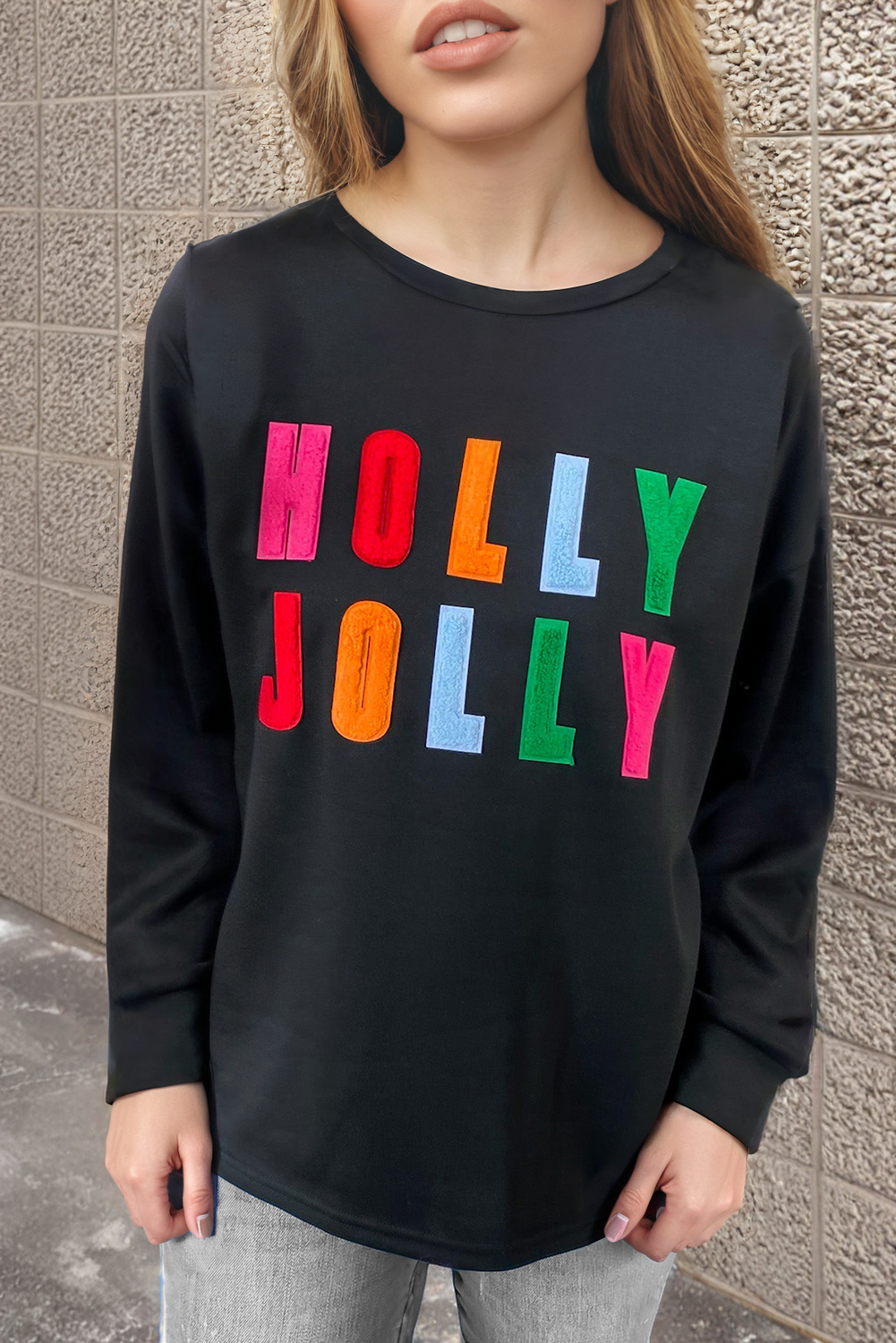 Black Chenille Holly Jolly Graphic Top