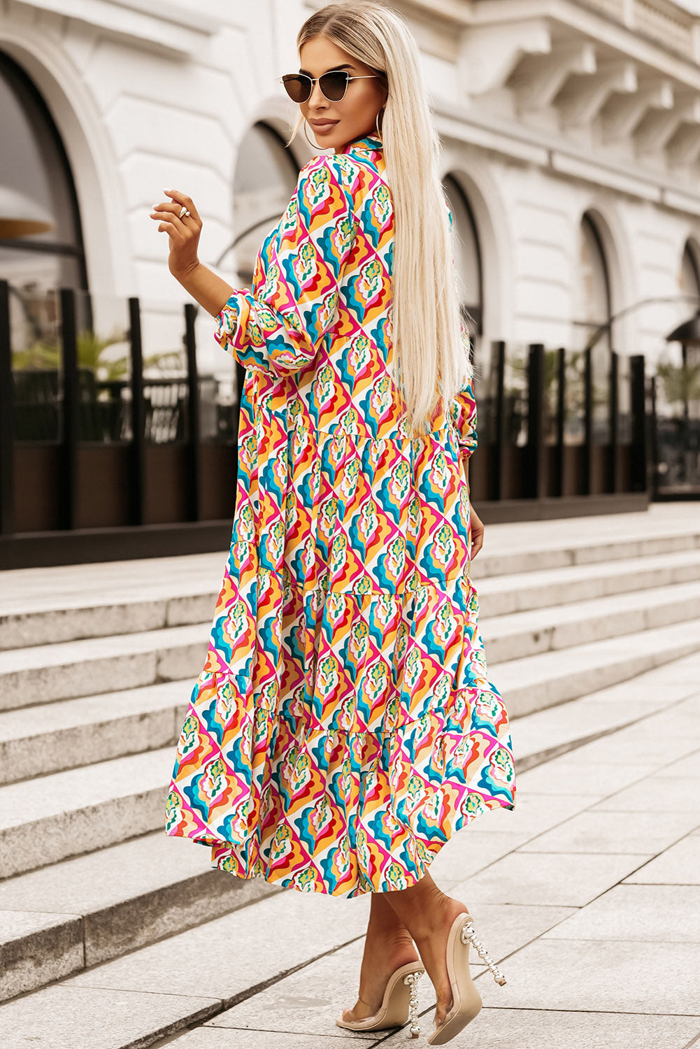 Geometric Print Long Sleeve High Waist Dress