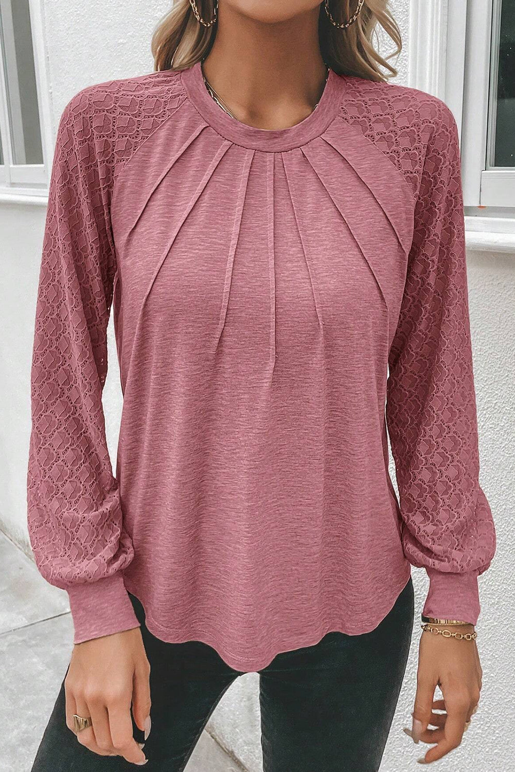 Lace Raglan Sleeve Plicate Round Neck Top